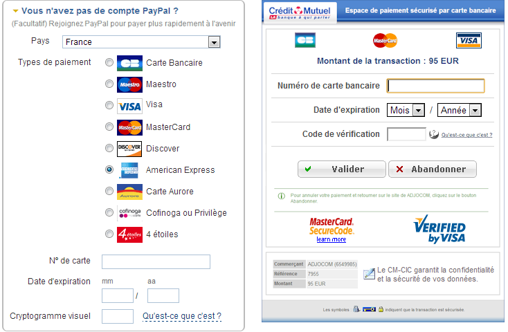 Les 2 espaces de paiements sécurisés PayPal et CM-CIC pour American Express