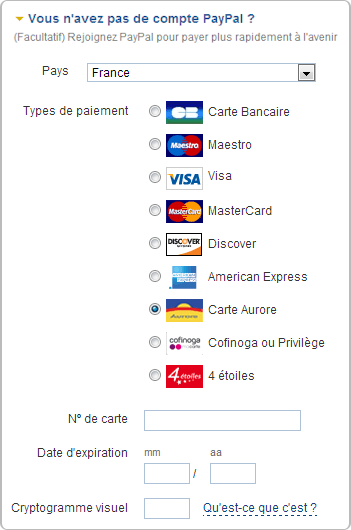 Espace de paiement sécurisé PayPal pour règlement par carte Aurore de CETELEM
