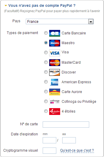 Espace de paiement sécurisé PayPal pour carte Maestro